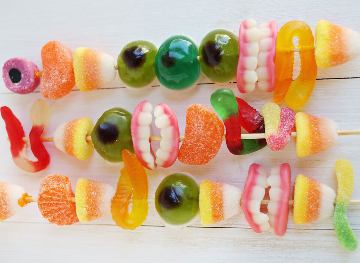 gummy bear cocktail stirrer skewers on table