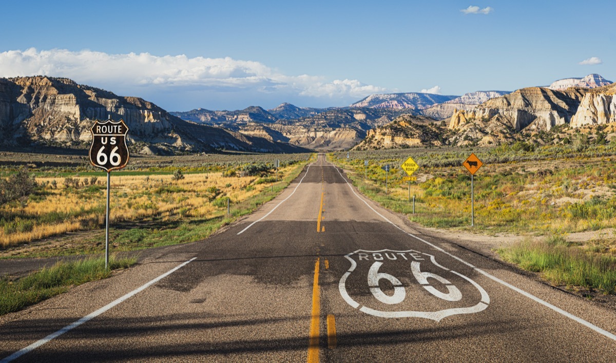 Scenic panoramic view of long straight road on famous Route 66