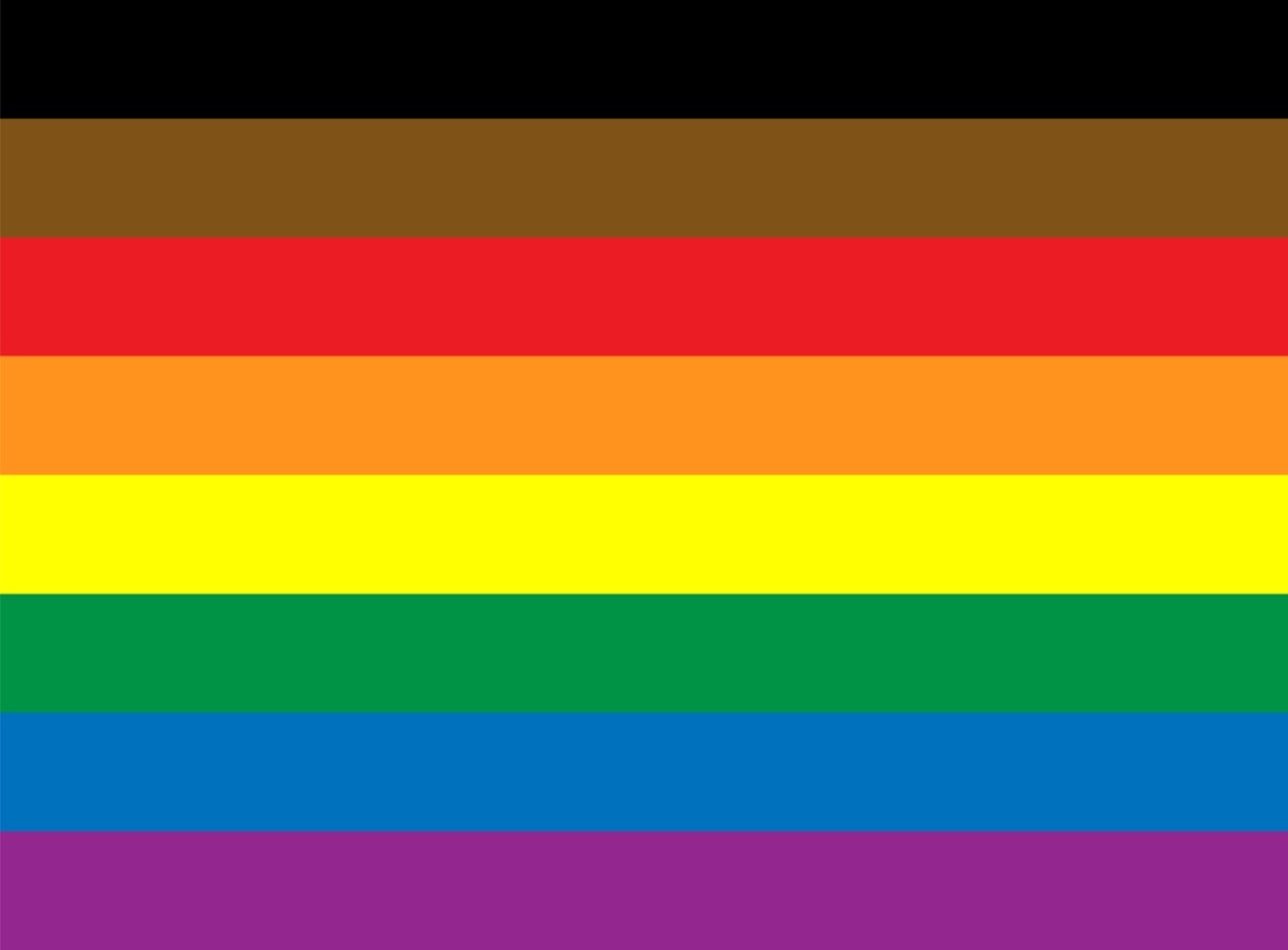 rainbow pride flag with black and brown stripes