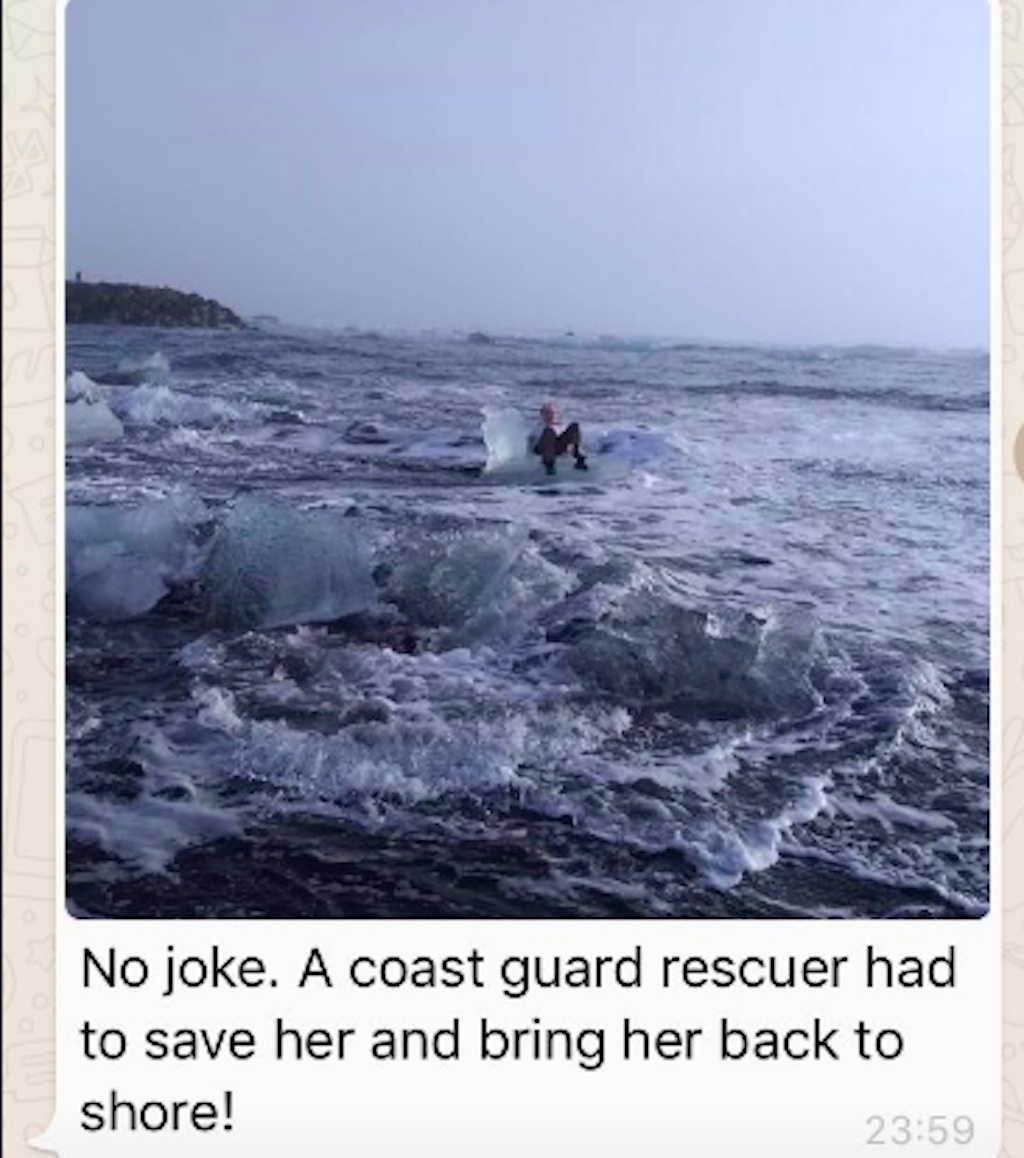 grandma floats off into the ocean on ice throne