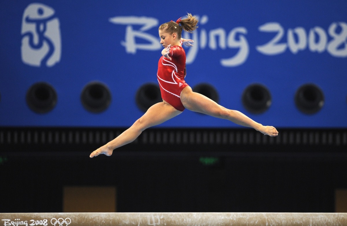 United States' Shawn Johnson competes on the beam during the women's team final of the artistic gymnastics event of the Beijing 2008 Olympic Games in Beijing on August 13, 2008. China won the gold, while United States won the silver and Romania the bronze.