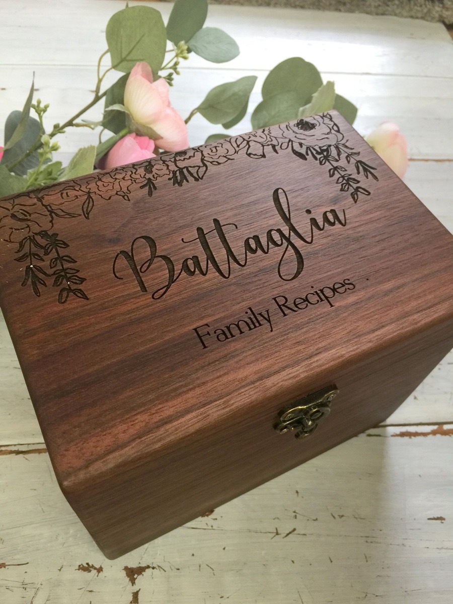 wooden recipe box with 