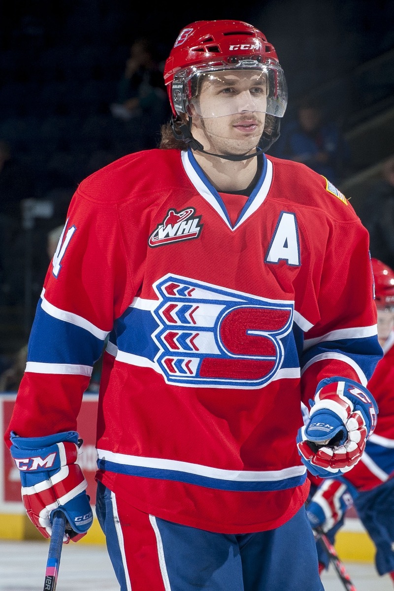 Liam Stewart in red hockey uniform