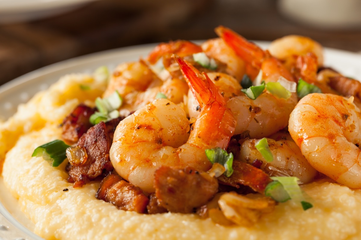 Homemade shrimp and grits with pork and cheddar