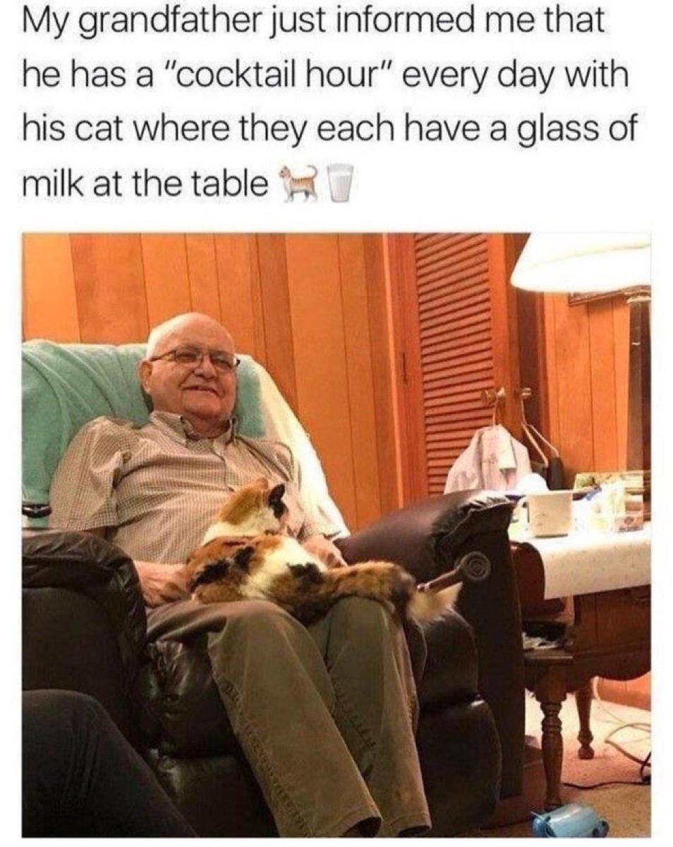 Senior man with cat on his lap captioned, 