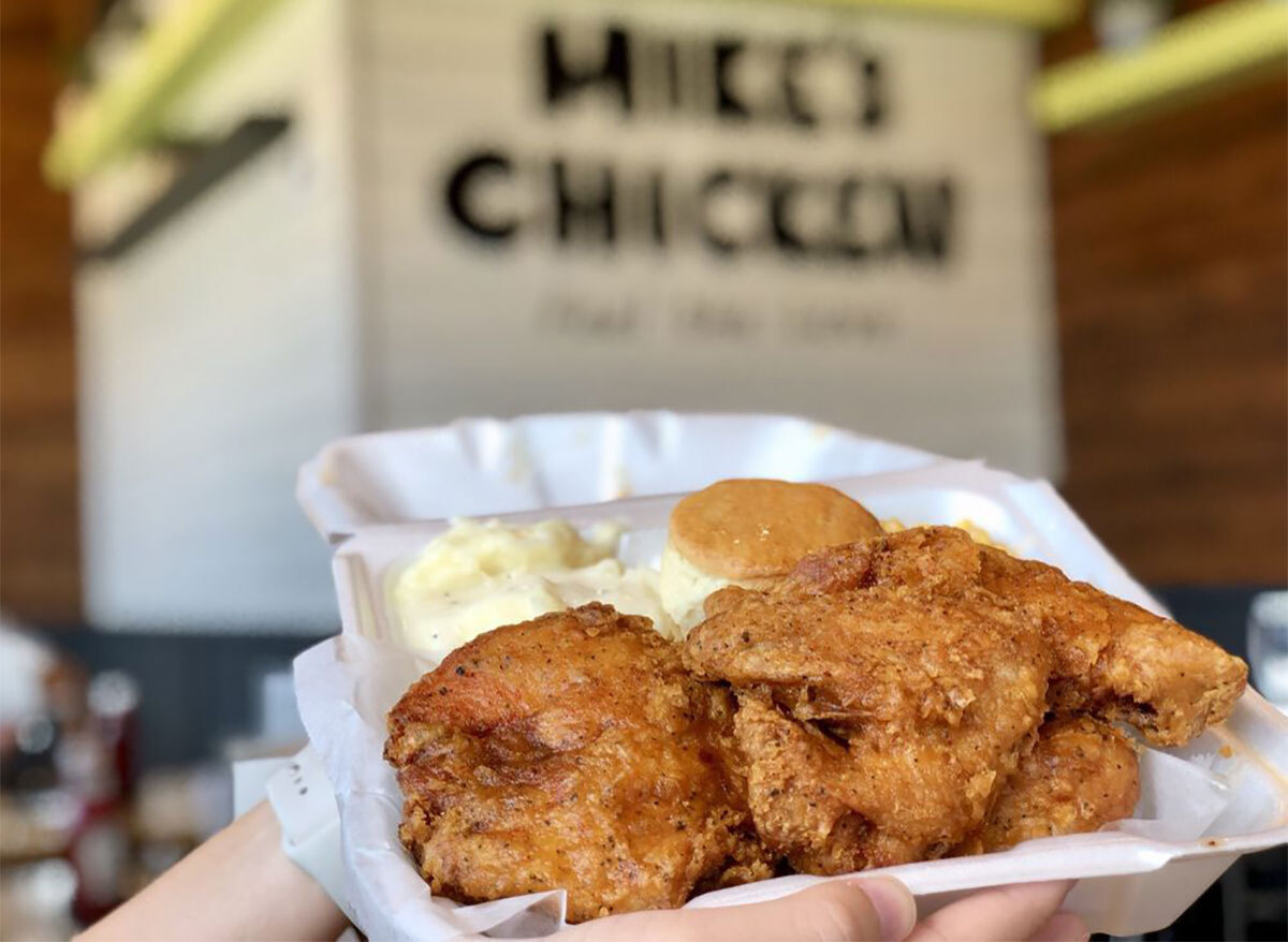 fried chicken with biscuit and mashed potatoes