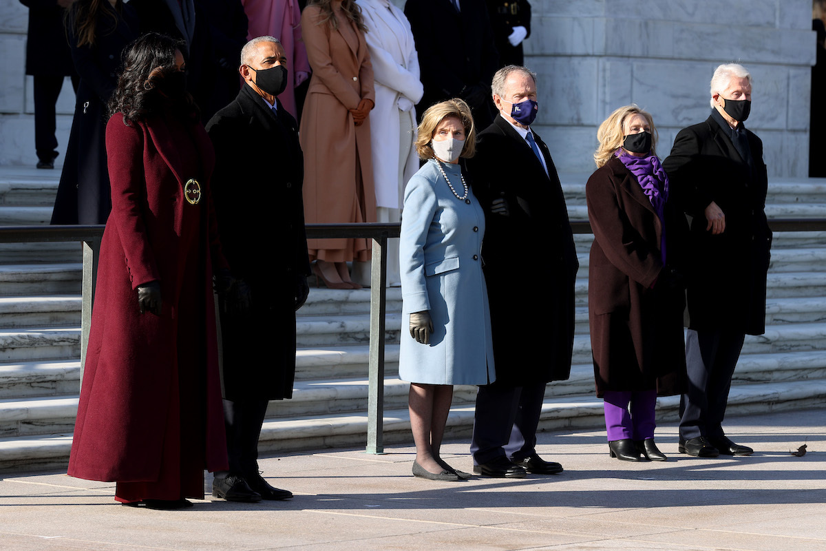 Former U.S. President Barack Obama, Michelle Obama, and former U.S. President George W. Bush and Laura Bush, and former U.S. President Bill Clinton and former Secretary of State Hillary Clinton attend a wreath-laying ceremony at the Tomb of the Unknown Soldier after the President Joe Biden's Presidential Inauguration at the U.S. Capitol January 20, 2021 at Arlington National Cemetery in Arlington, Virginia.