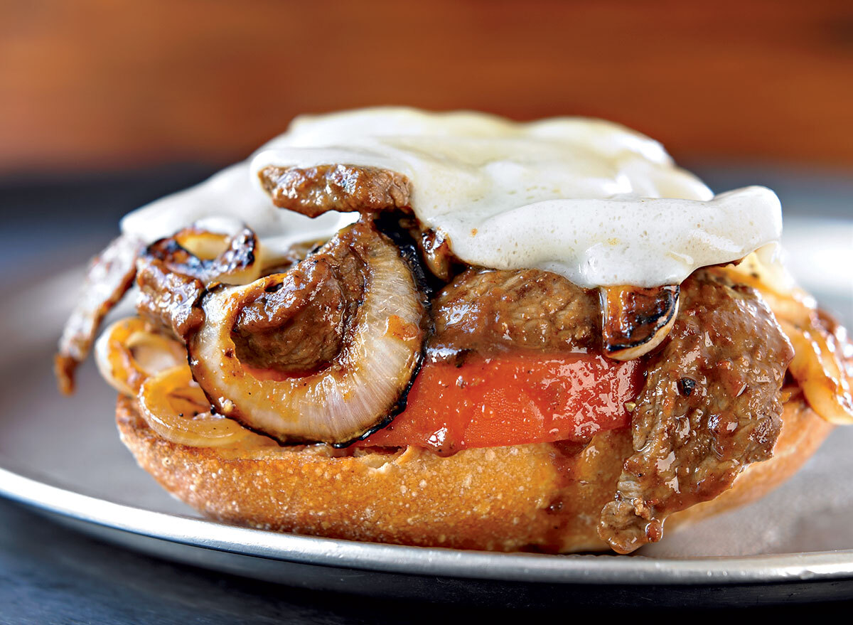 Healthy steak sandwich open-face on garlic toast